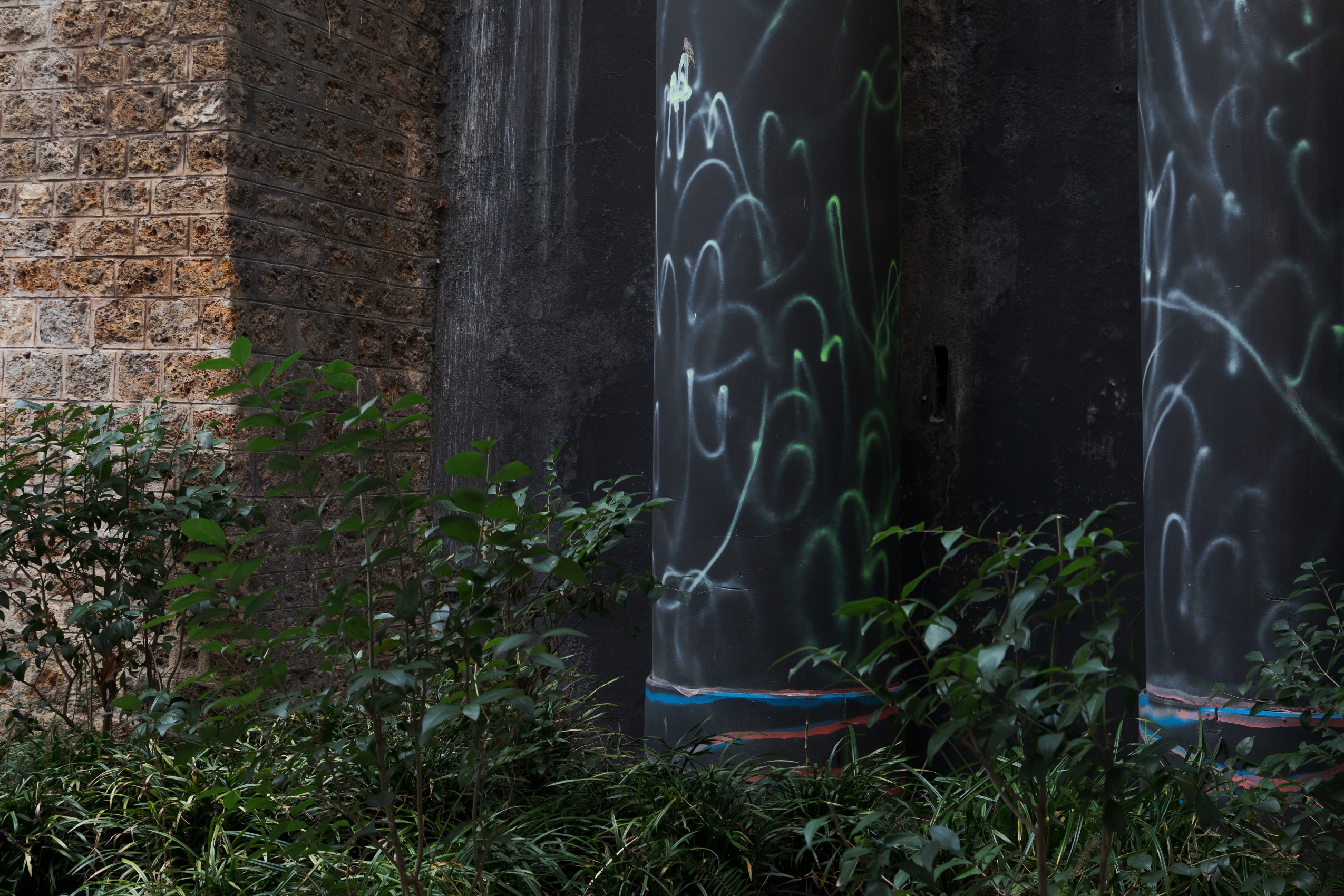 Les murs du jardins sauvages sont rythmés par de grandes arches en brique, des escaliers métalliques, de grands tuyaux sombres recouverts de graffitis colorés. Au pied de ces murs, des plantes sauvages envahissent l’espace.